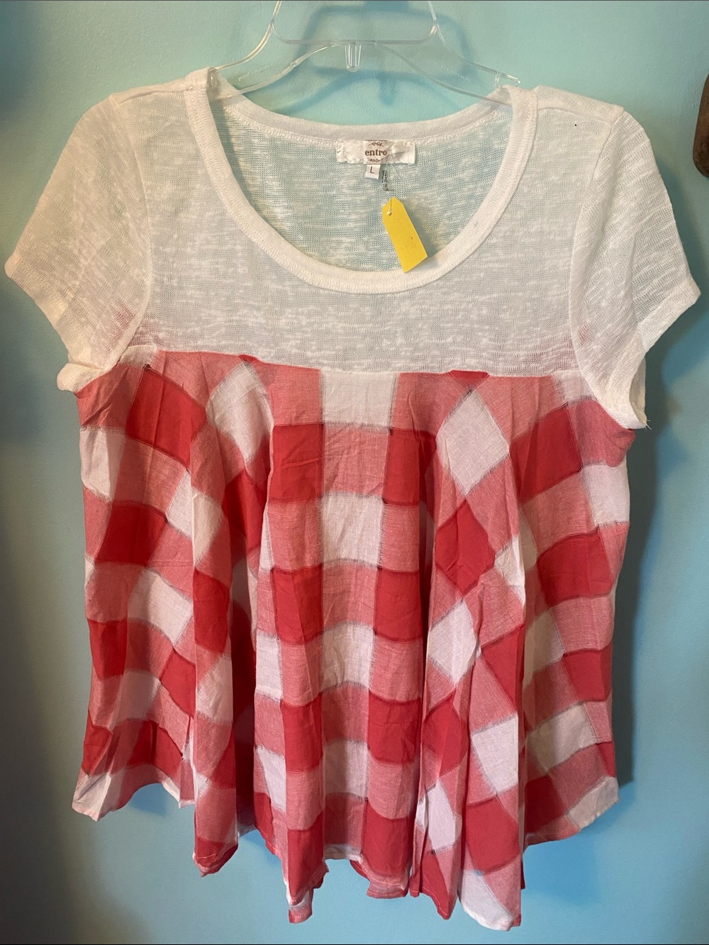 NEW WITH TAGS Entro Coral and White Gingham Short Sleeve Peplum Tee size large
